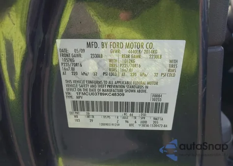 2009 Ford Escape Xlt z USA, uszkodzony, nr VIN 1FMCU03789KC48309